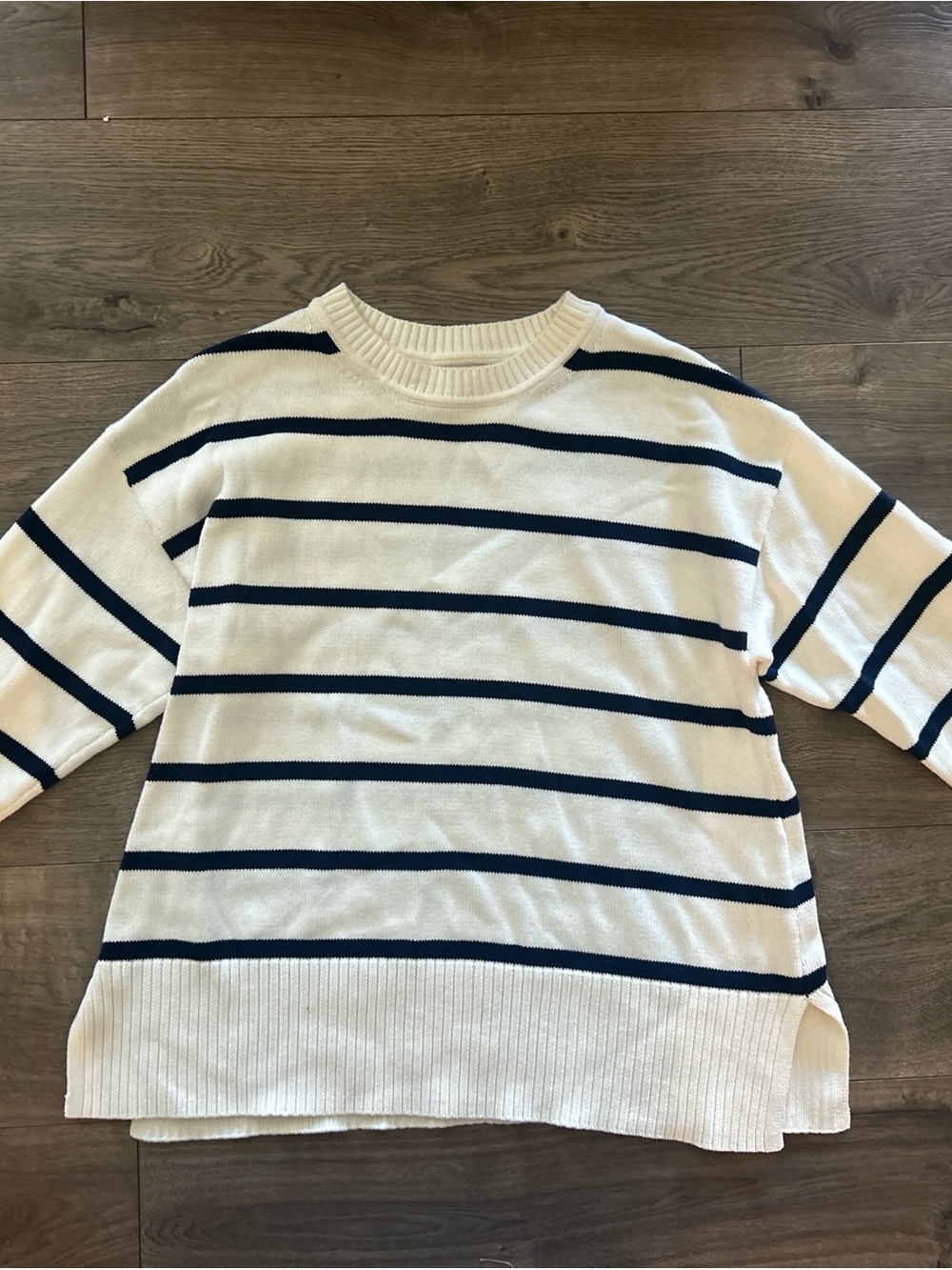 J. Crew Cream and Navy Striped Crewneck Sweater